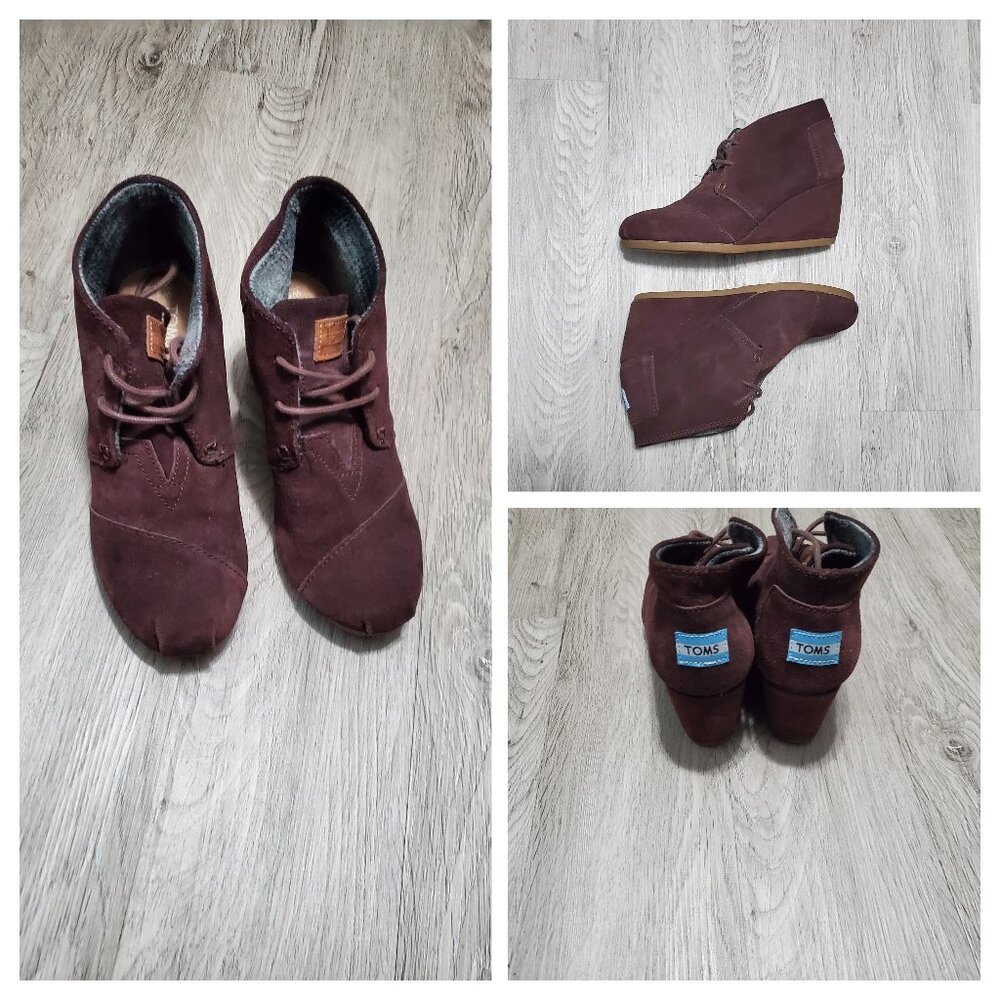 TOMS brown wedge lace up suede bootie